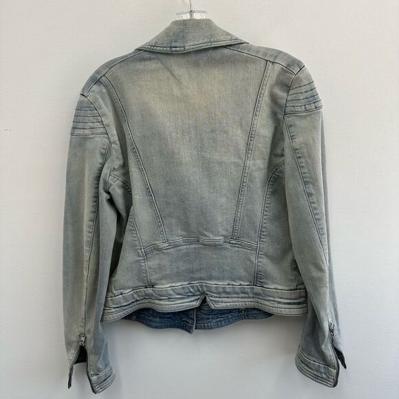Y2K Light Wash Denim Biker Jacket Tommy Hilfiger Zip Front Silver Hardware S - Picture 12 of 15